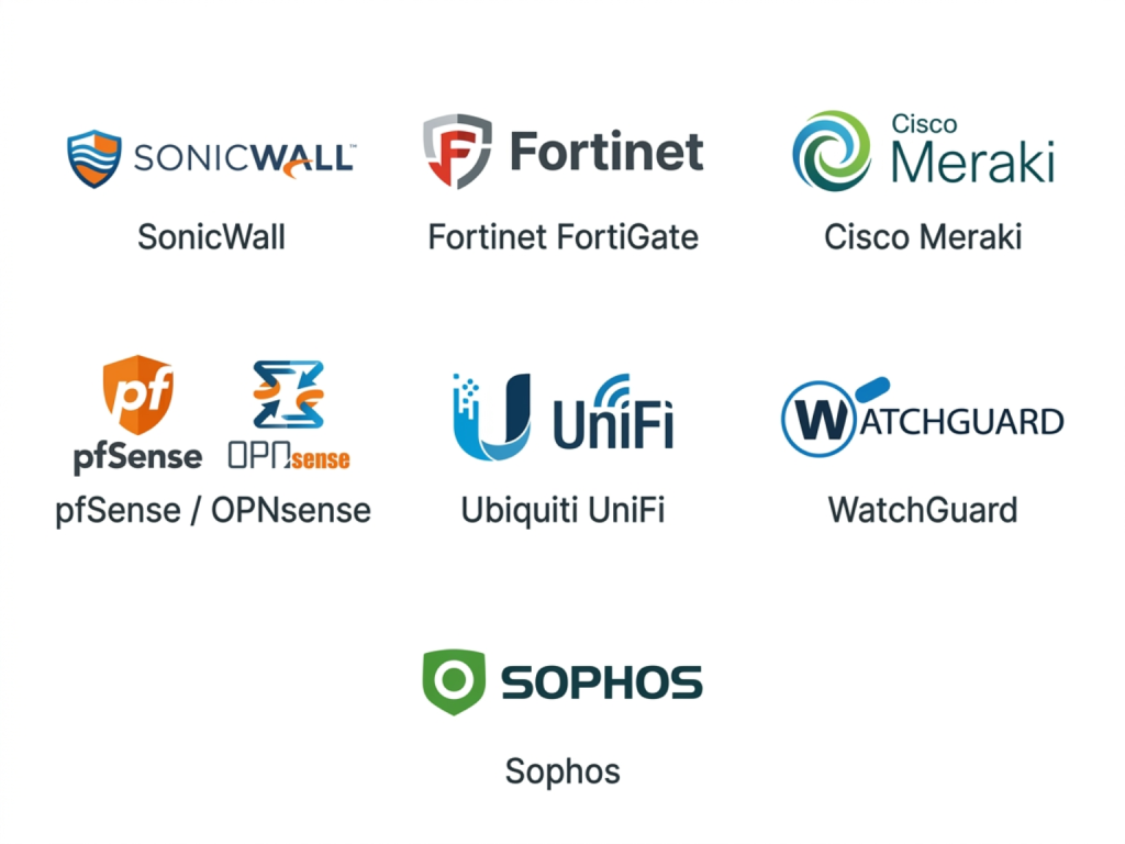 SonicWall · Fortinet FortiGate · Cisco Meraki · pfSense / OPNsense · Ubiquiti UniFi · WatchGuard · Sophos